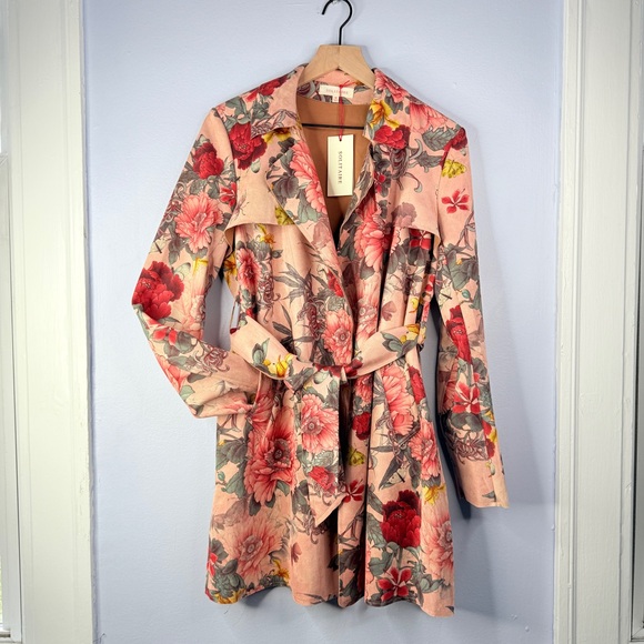New! Anthropologie Solitaire peach nude floral faux suede trench